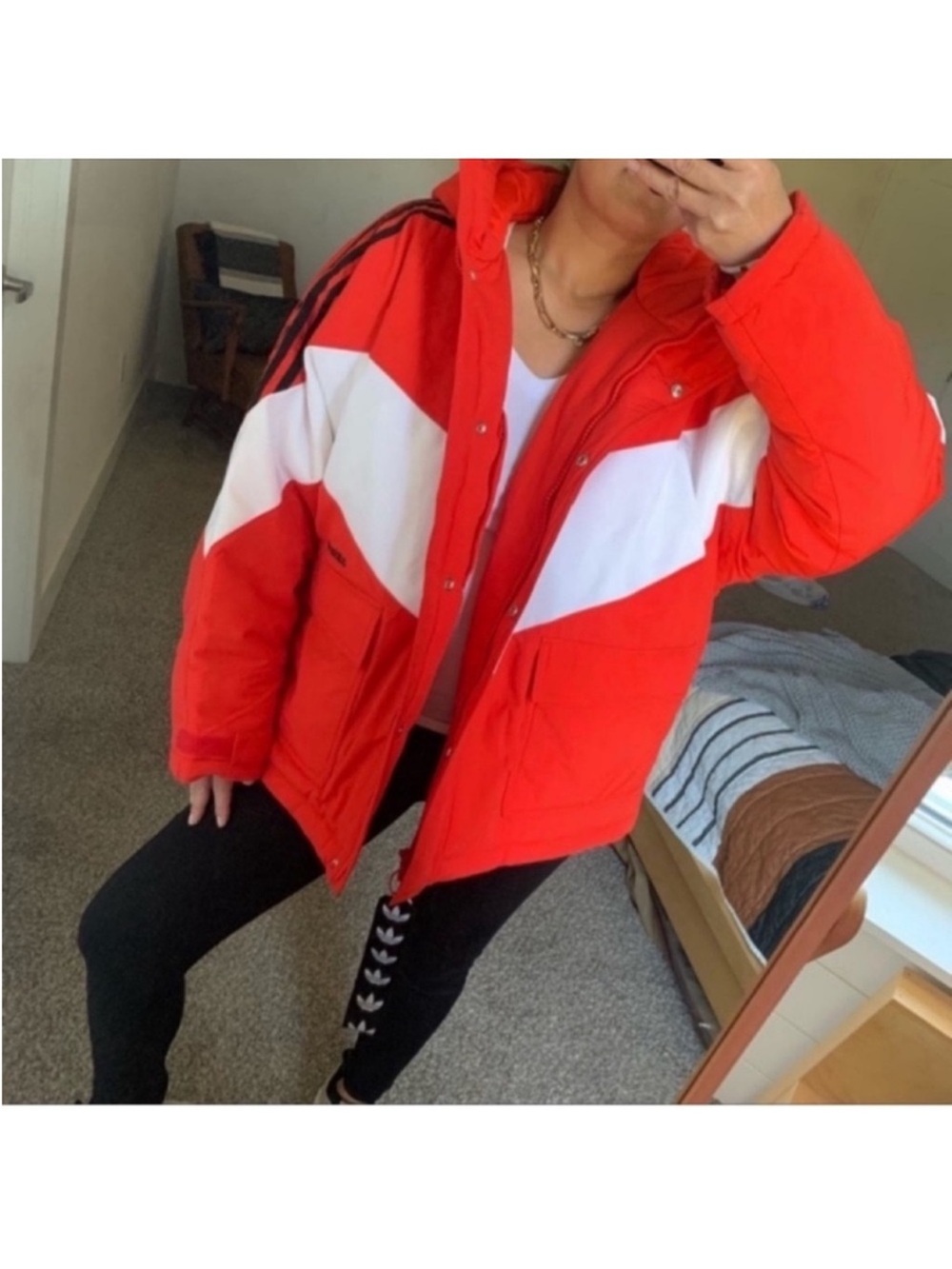 Adidas Iconic Winter oversized puffer jacket/coat Sz S Red Black Stripes Hooded